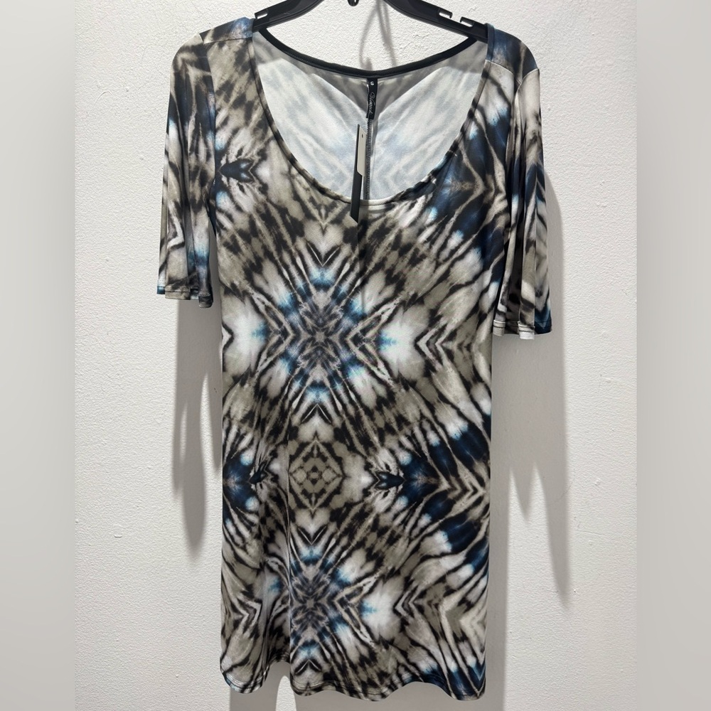 Tan and Blue Graphic Mini Dress with Tunic Style